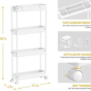 white slim rolling storage cart with wheels – 4 tiers